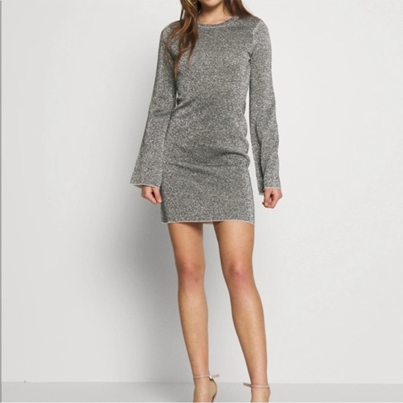 Good American Dresses & Skirts - Good American Silver Sparkle Body Con Bell Sleeve Dress Size 1 (Small)